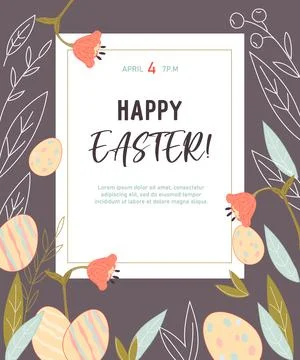 Happy Easter card or banner backdrop with colored eggs and spring flowers, fl Stock Illustration