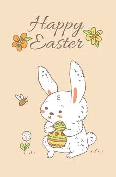 Happy Easter card or banner template with rabbit, doodle vector illustration. Stock Illustration