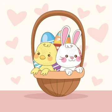 Happy easter card with rabbit and chick in basket Illustrazione stock