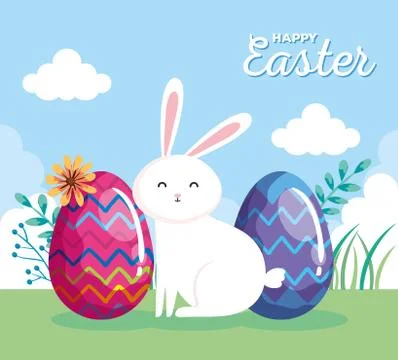 Happy easter card with rabbit and eggs in landscape Illustrazione stock
