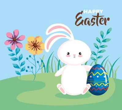 Happy easter card with rabbit and egg in landscape Illustrazione stock