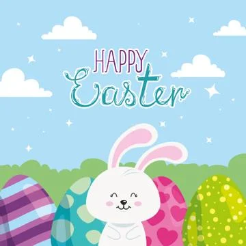 Happy easter card with rabbit and eggs in landscape Stock Illustration