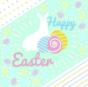 Happy Easter card. Rabbit sits multicolors eggs. Illustrazione stock