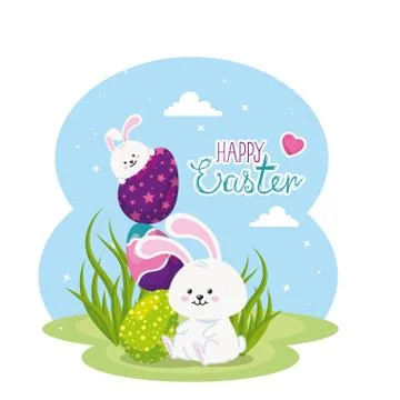 Happy easter card with rabbits and eggs in landscape Stock Illustration