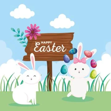 Happy easter card with rabbits and eggs decorated in landscape Illustrazione stock