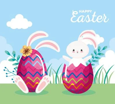 Happy easter card with rabbits and eggs decorated in landscape Illustrazione stock