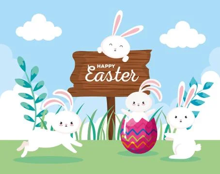 Happy easter card with rabbits in landscape Illustrazione stock