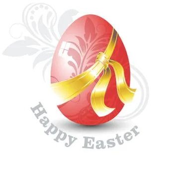 Happy Easter Card. Red Easter Egg with Floral Ornate Design and Golden Ribbon. Stock Illustration
