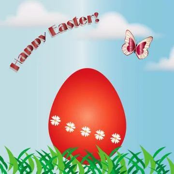 Happy Easter card with red egg illustration on the field Stock Illustration