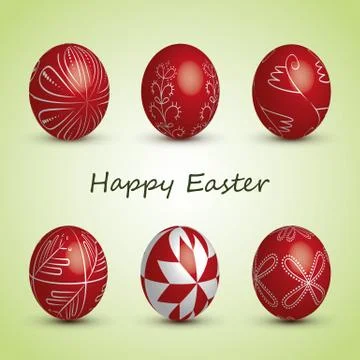 Happy Easter Card - Set of Six Red Eggs with Ornaments Stock Illustration
