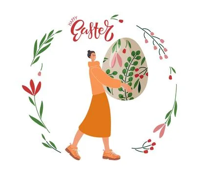 Happy Easter card. Spring plant wreath with handwritten lettering. Young girl Stock Illustration