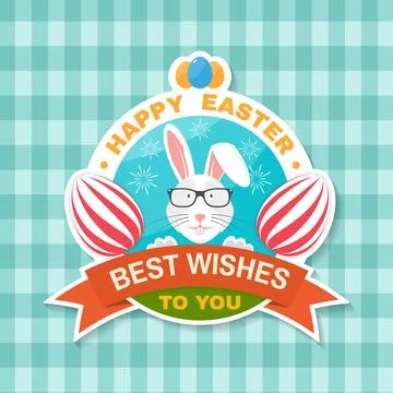 Happy Easter card, sticker, patch. Vector. Typography design with easter rabbit 스톡 일러스트