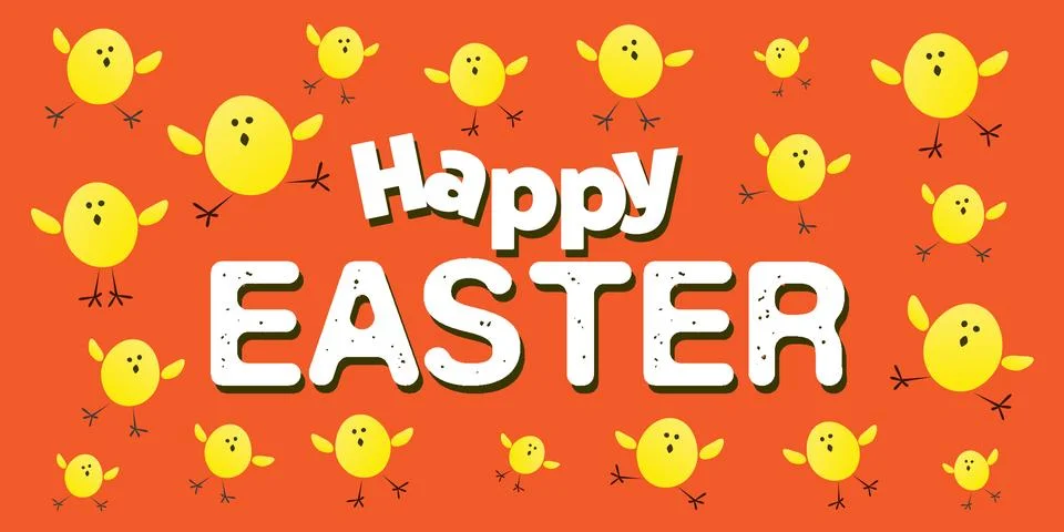Happy Easter Card Template - Big Text, Label, Random Placed Yellow Chicks P.. イラスト素材