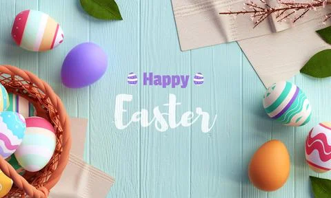 Happy Easter card template with painted eggs, pastel colors and a basket on b 写真素材