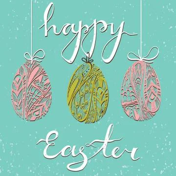 Happy Easter card. Three ornamental eggs and text Happy Easter. Stock Illustration