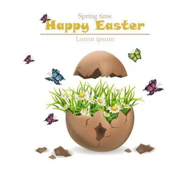 Happy Easter card Vector. Cracked egg and flowers Stock Illustration