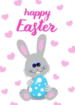 Happy Easter card, vector illustration with lettering, cute bunny and hearts. Si Stock Illustration