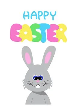 Happy Easter card, vector illustration with lettering and cute bunny. Grey baby Stock Illustration