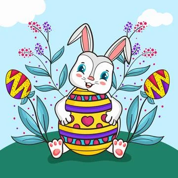 Happy Easter Card Vector illustration, White bunny with colorful eggs Stock Illustration