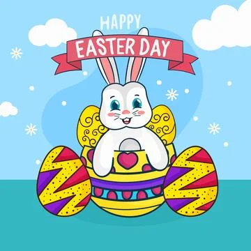 Happy Easter Card Vector illustration, White bunny with colorful eggs Stock Illustration