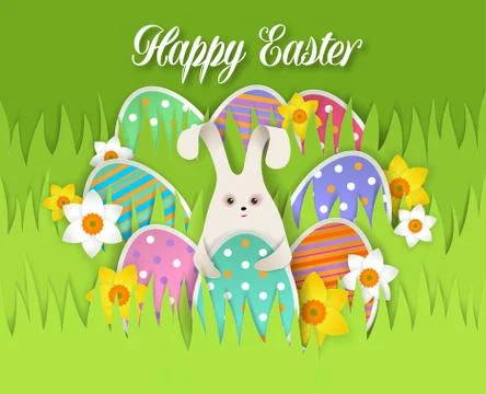 Happy Easter card, vector paper cut illustration Stock Illustration