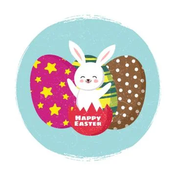 Happy easter card vector template with cartoon bunny and coloring eggs Stock Illustration