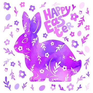 Happy Easter card. Watercolor drawing of a rabbit, flowers, eggs, and text. G Stock Illustration