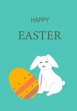 Happy easter card with white bunny and colorful egg on green background イラスト素材