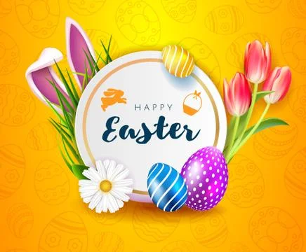 Happy Easter card with white egg frame with spring flowers, grass, easter eggs Stock Illustration