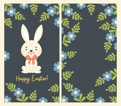 Happy Easter Cards. Cute Bunny with Floral Frame. Festive vertical Greeting.. Stock Illustration