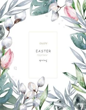 Happy Easter cards with herbal twigs and branches wreath and corners border.  Stock Illustration