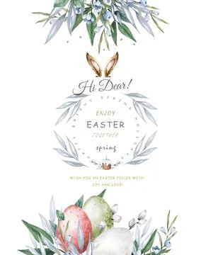 Happy Easter cards with herbal twigs and branches wreath and corners border.  Stock Illustration