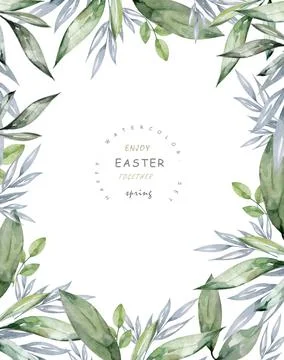 Happy Easter cards with herbal twigs and branches wreath and corners border.  스톡 일러스트