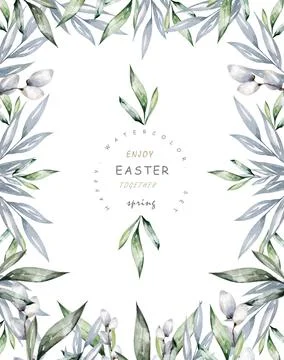 Happy Easter cards with herbal twigs and branches wreath and corners border.  스톡 일러스트