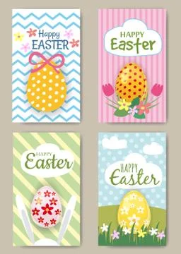 Happy Easter Cards Set with Rabbit. Mini Posters Collection. Vector Illustration Stock Illustration