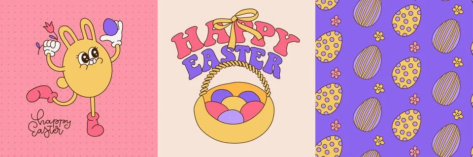 Happy Easter cards set. Retro groovy cartoon characters and elements. Vintage Stock Illustration