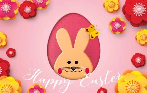 Happy Easter. Cartoon Easter Bunny looking at a pink embossed background. Illustrazione stock