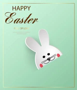 Happy Easter. Cartoon Easter Bunny looking at a green embossed background Stock Illustration
