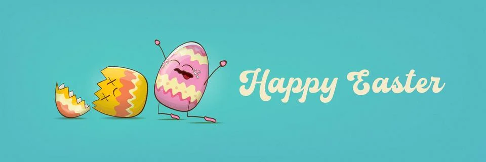 Happy Easter Cartoon Egg Characters with Broken Shells, Playful Holiday Stock Illustration