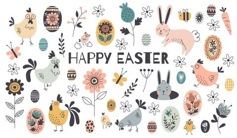 Happy easter cartoon elements. Decorative religious holiday objects, painted 스톡 일러스트