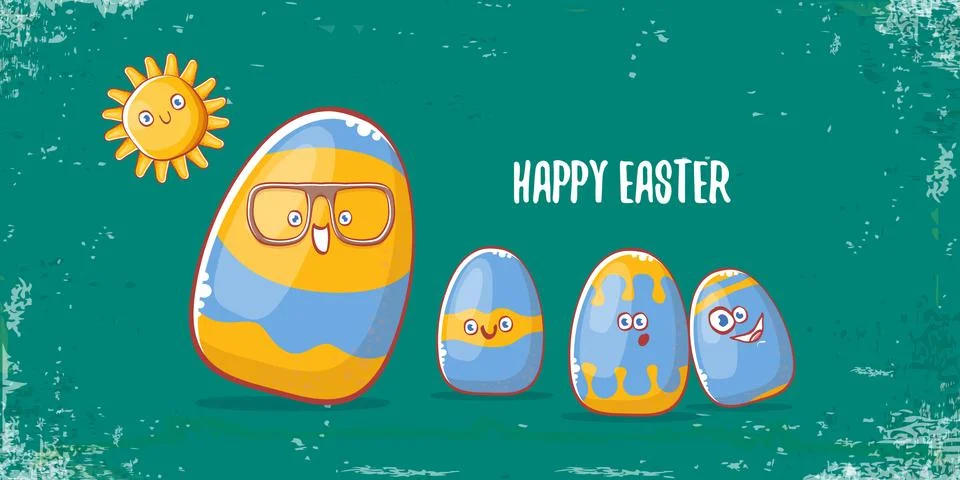 Happy easter cartoon horizontal banner with color cartoon eggs character isolate Stock Illustration