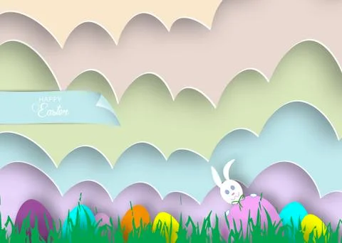 Happy Easter cartoon, paper cut style, white Rabbit and colorful template Stock Illustration