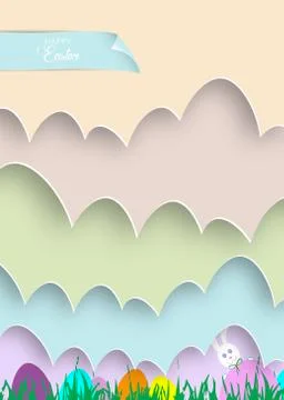 Happy Easter cartoon, paper cut style, white Rabbit and colorful template Stock Illustration