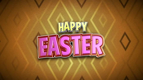 Happy Easter cartoon text with geometric pattern on orange texture Stock Footage 232414389