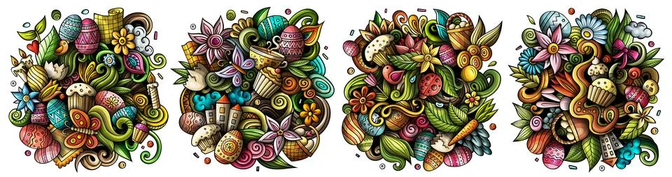 Happy Easter cartoon vector doodle designs set. 스톡 일러스트