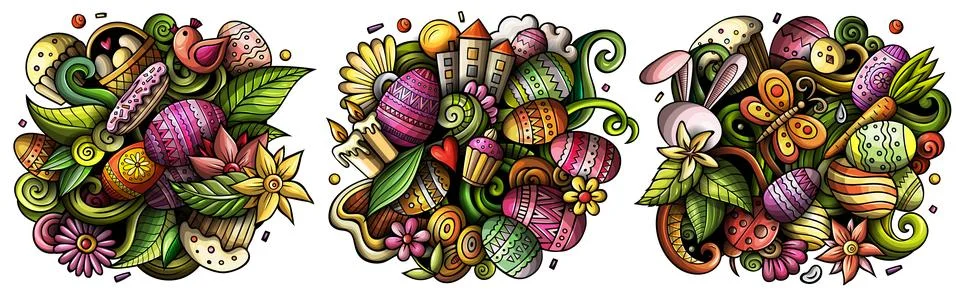 Happy Easter cartoon vector doodle designs set. 스톡 일러스트