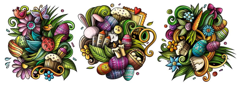 Happy Easter cartoon vector doodle designs set. 스톡 일러스트