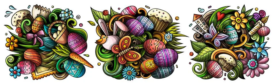 Happy Easter cartoon vector doodle designs set. 스톡 일러스트