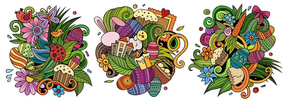 Happy Easter cartoon vector doodle designs set. 스톡 일러스트