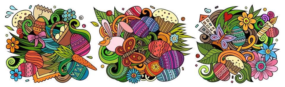 Happy Easter cartoon vector doodle designs set. イラスト素材